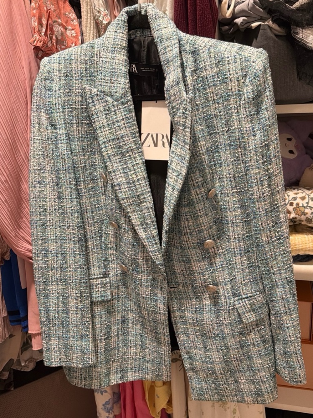 Zara Light Blue & Cream Tweed Double-Breasted Blazer